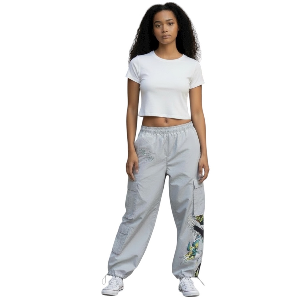 Ed Hardy Butterflies Poplin Cargo Pants Light Grey Y2K Size M NWT Boho